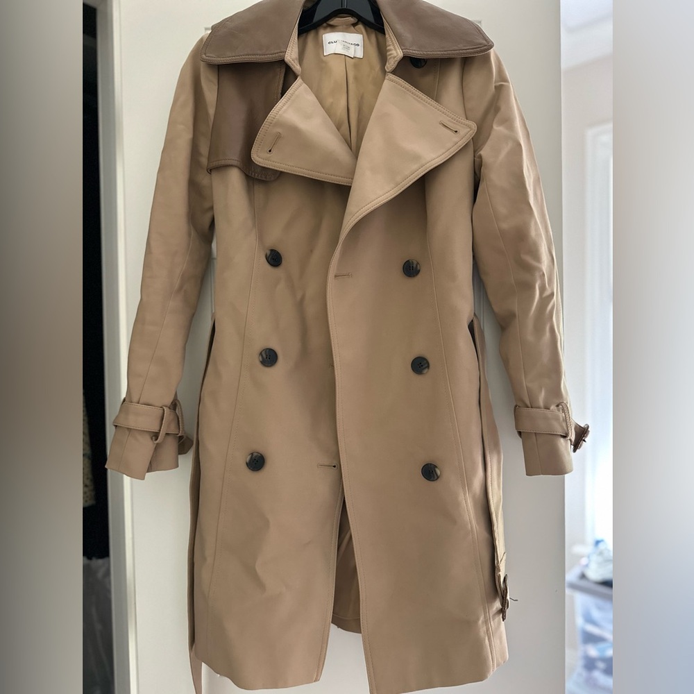 Club Monaco Tan Trench Coat with Leather Detail & Belted Cuffs
